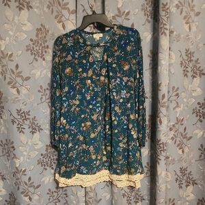 Umgee Teal Floral Blouse with Cream Lace